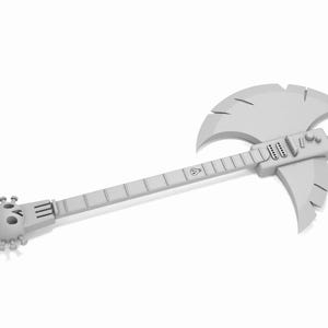 Puede incluir: Un hacha blanca renderizada en 3D con un mango en forma de calavera y un cuello en forma de guitarra. La cabeza del hacha tiene una punta afilada y una hoja de doble filo.