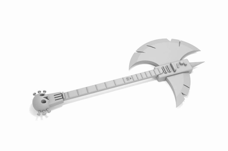 Puede incluir: Un hacha blanca renderizada en 3D con un mango en forma de calavera y un cuello en forma de guitarra. La cabeza del hacha tiene una punta afilada y una hoja de doble filo.