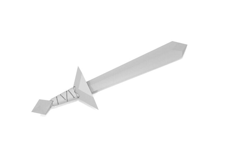 May include: A white origami sword with a triangular blade and a wrapped handle.