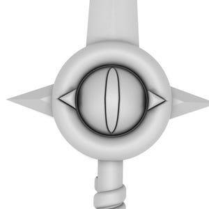 May include: A white sword with a silver eye design on the pommel. The eye is surrounded by a circular design with four points.
