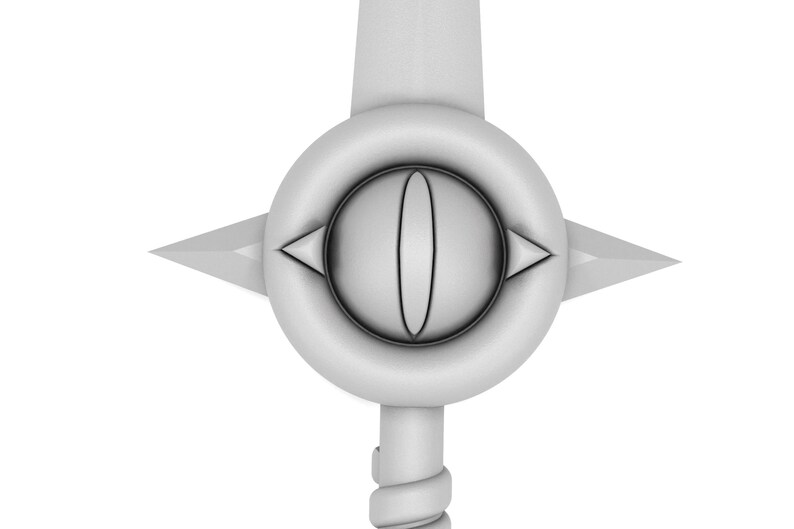 May include: A white sword with a silver eye design on the pommel. The eye is surrounded by a circular design with four points.