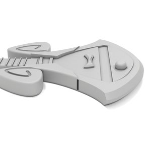 May include: A white, 3D model of a unique, futuristic electric guitar with a distinctive, angular body shape and a single knob.