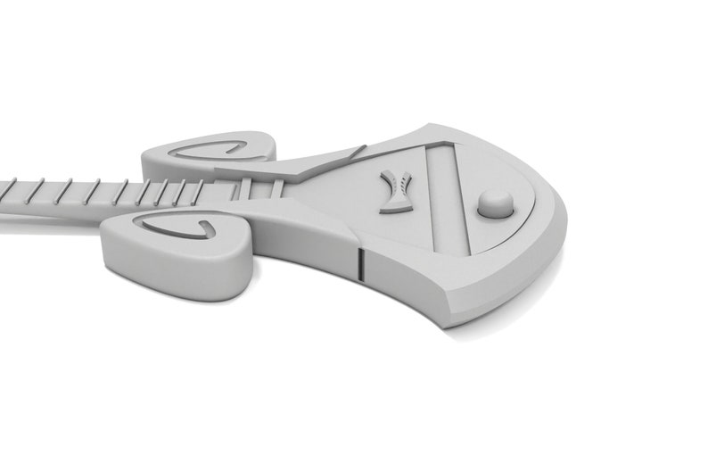 May include: A white, 3D model of a unique, futuristic electric guitar with a distinctive, angular body shape and a single knob.
