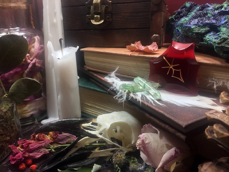 May include: A still life featuring a white candle, a glass jar filled with dried flowers, a red glass amulet with gold markings, a white feather, and a skull on a dark surface.