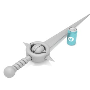 May include: A silver sword with a round, textured handle and a blue can with a white logo. The sword is lying on a white surface.