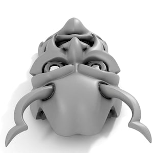 May include: A gray, detailed, 3D printed mask with horns and a stylized face. The mask has two large, round eye holes and a curved, pointed nose.
