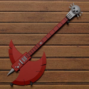 Puede incluir: Una guitarra el&eacute;ctrica roja con una pala en forma de calavera y un cuerpo en forma de hacha. La guitarra est&aacute; sobre una superficie de madera.