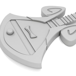 May include: A white, futuristic-looking electric guitar with a unique, angular body shape and a long, thin neck. The guitar has two large, rounded knobs on the body and a smaller knob on the neck.