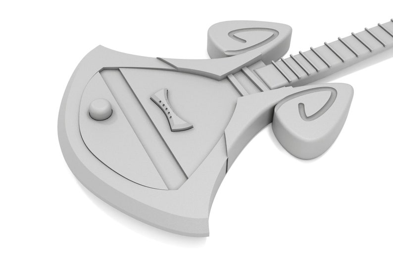 May include: A white, futuristic-looking electric guitar with a unique, angular body shape and a long, thin neck. The guitar has two large, rounded knobs on the body and a smaller knob on the neck.