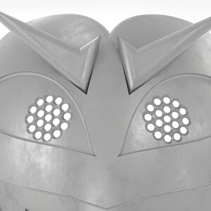 May include: A silver helmet with two pointed horns and two eye holes with a grid pattern.