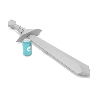 May include: A silver sword with a blue can lying on top of it. The sword has a sharp point and a handle with a textured design.