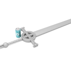 May include: A silver sword with a cross-shaped guard and a round pommel. The sword is lying on a white surface with a blue can next to it.