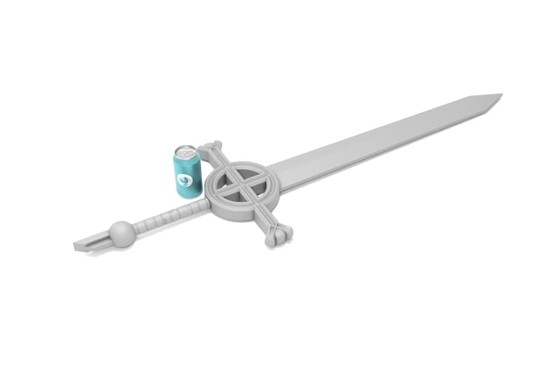 May include: A silver sword with a cross-shaped guard and a round pommel. The sword is lying on a white surface with a blue can next to it.