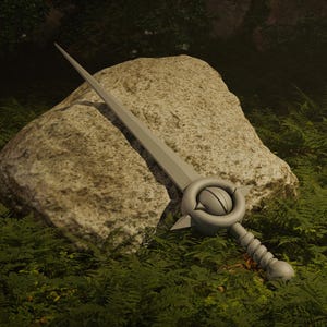 May include: A silver sword with a round, ornate pommel lies on a large, gray rock in a bed of green ferns.