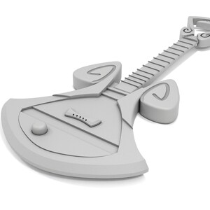 May include: A white, stylized, 3D model of a guitar with a unique, futuristic design. The guitar has a large, flat body with a sharp point at the bottom and a long, thin neck with a headstock that curves upwards.