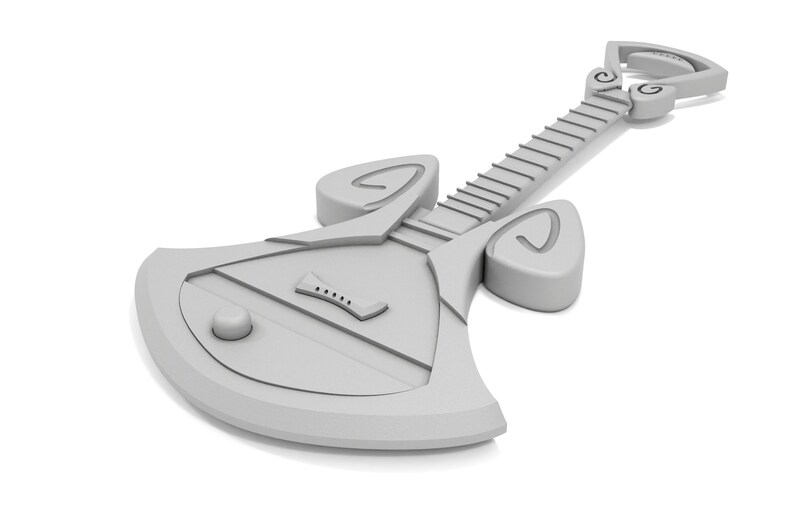 May include: A white, stylized, 3D model of a guitar with a unique, futuristic design. The guitar has a large, flat body with a sharp point at the bottom and a long, thin neck with a headstock that curves upwards.