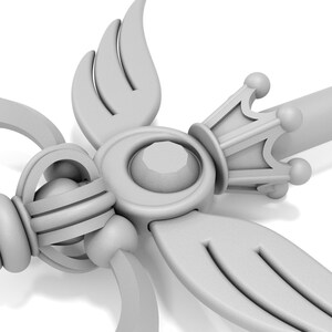 May include: A white plastic wand with a crown, wings, and a circular gem at the top. The wand is a decorative prop.