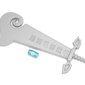 May include: A white plastic sword with a curved handle and a detailed design. The sword has a blue and white can lying next to it.