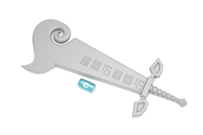 May include: A white plastic sword with a curved handle and a detailed design. The sword has a blue and white can lying next to it.