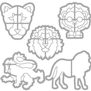 Puede incluir: Un conjunto de cinco plantillas de animales en blanco y negro con arte de l&iacute;nea. Las plantillas incluyen un le&oacute;n, una leona, una pantera y una rana. Las plantillas est&aacute;n dise&ntilde;adas para usar con una cortadora de manualidades.