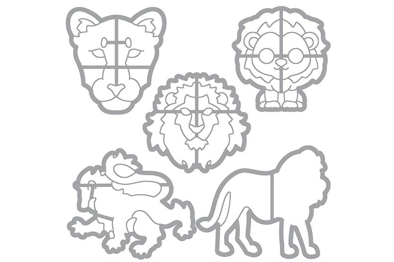 Puede incluir: Un conjunto de cinco plantillas de animales en blanco y negro con arte de l&iacute;nea. Las plantillas incluyen un le&oacute;n, una leona, una pantera y una rana. Las plantillas est&aacute;n dise&ntilde;adas para usar con una cortadora de manualidades.