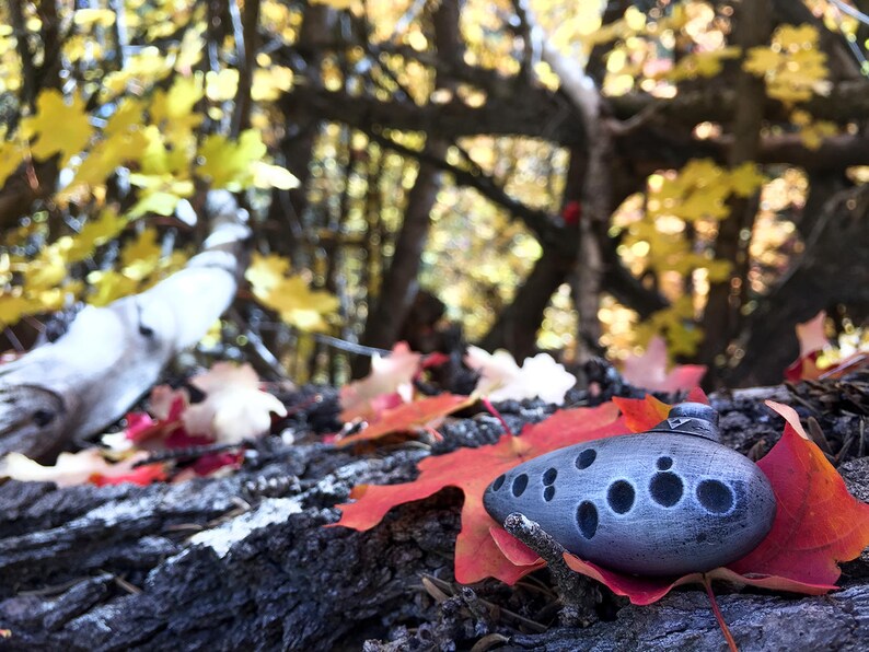 Puede incluir: Una ocarina gris de forma redondeada con varios agujeros, descansando sobre un lecho de hojas de oto&ntilde;o rojas y amarillas. La ocarina es un instrumento musical.