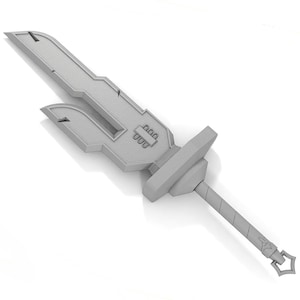 May include: A silver-colored sword with a unique, angular design. The blade is double-edged and has a textured surface. The hilt is also angular and has a small, decorative pommel.