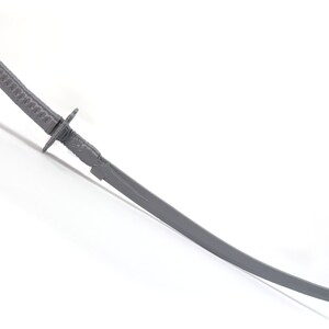 May include: A silver-colored katana sword with a detailed hilt and a curved blade.