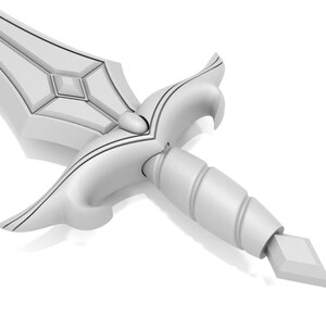 May include: A white decorative sword with a detailed hilt and blade. The hilt features a diamond-shaped design and curved edges. The handle has a spiral design, and the tip of the blade is a diamond shape.