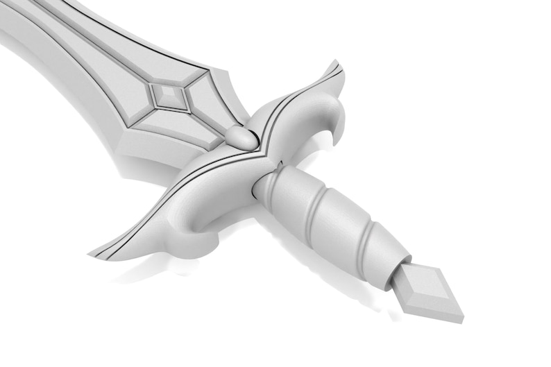 May include: A white decorative sword with a detailed hilt and blade. The hilt features a diamond-shaped design and curved edges. The handle has a spiral design, and the tip of the blade is a diamond shape.