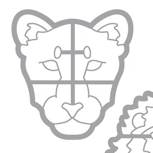 Puede incluir: Un dibujo en blanco y negro de la cara de un leopardo. El dibujo est&aacute; dividido en cuatro cuadrantes por una cruz.
