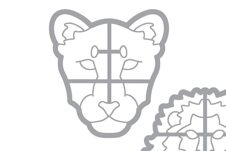 Puede incluir: Un dibujo en blanco y negro de la cara de un leopardo. El dibujo est&aacute; dividido en cuatro cuadrantes por una cruz.