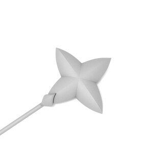 May include: A white, four-pointed star-shaped object attached to a long, thin, white stick. The object is made of a soft, pliable material.