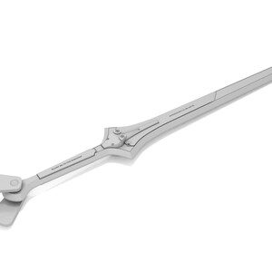 May include: A light gray sword with a long, pointed blade. The hilt features a complex design with mechanical details. The sword has text along the blade and hilt. The sword is set against a white background.