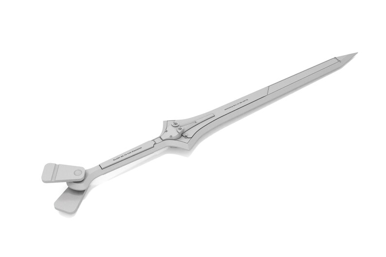May include: A light gray sword with a long, pointed blade. The hilt features a complex design with mechanical details. The sword has text along the blade and hilt. The sword is set against a white background.