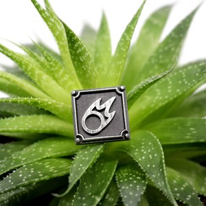Puede incluir: Un pin de metal plateado con fondo negro y un dise&ntilde;o de llama blanca. El pin est&aacute; en una planta suculenta verde.