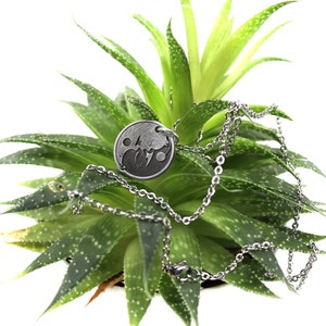 May include: A silver necklace with a round pendant featuring a yin yang symbol with a stylized wolf design. The necklace is displayed on a green succulent plant.