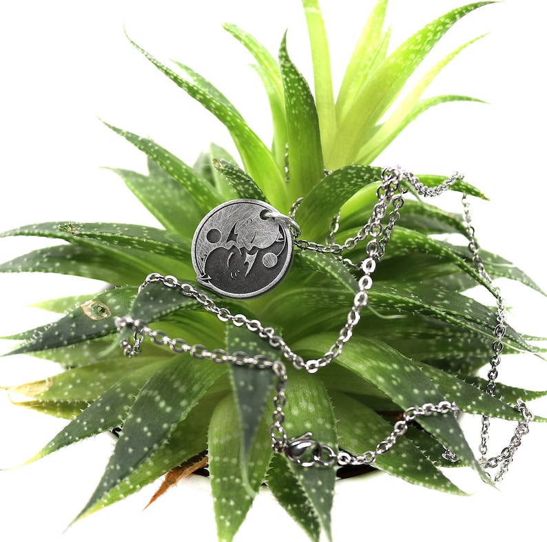 May include: A silver necklace with a round pendant featuring a yin yang symbol with a stylized wolf design. The necklace is displayed on a green succulent plant.