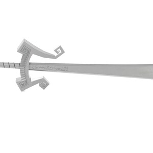 May include: A silver sword with a decorative hilt and a sharp blade.