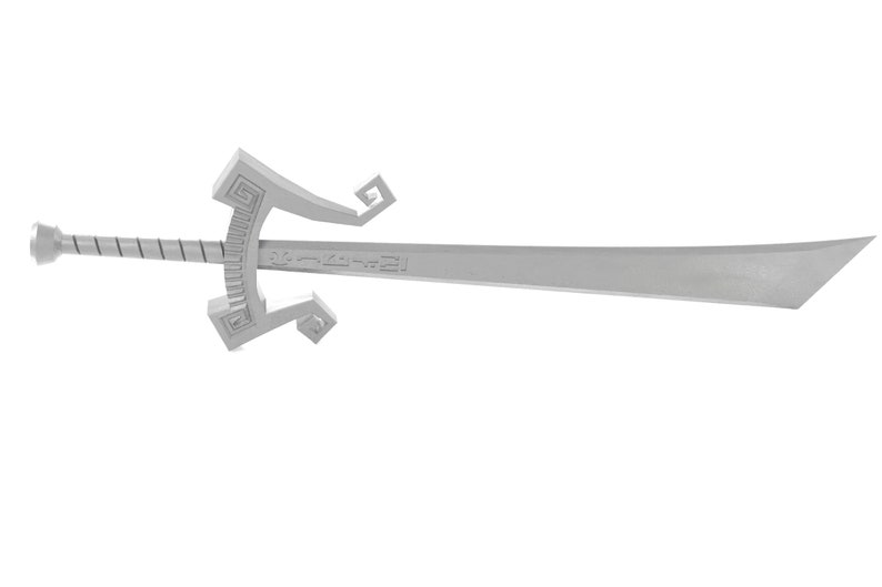 May include: A silver sword with a decorative hilt and a sharp blade.