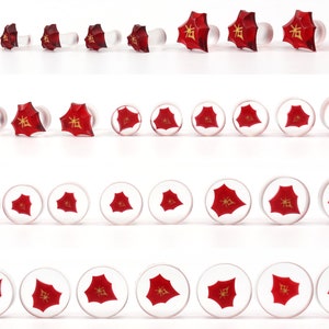 May include: A set of 21 red glass plugs with a gold Chinese character on each. The plugs are arranged in three rows, with the largest plugs at the top and the smallest plugs at the bottom.