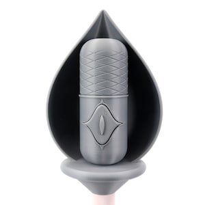 May include: A gray microphone with a diamond-shaped design on the front is encased in a gray, teardrop-shaped holder.