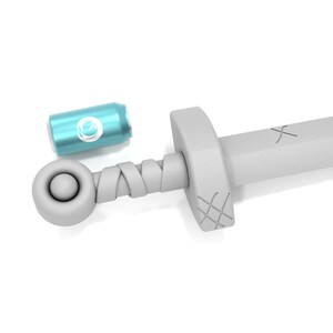 May include: A white toy sword with a textured handle and a blue can with a white logo lying next to it.