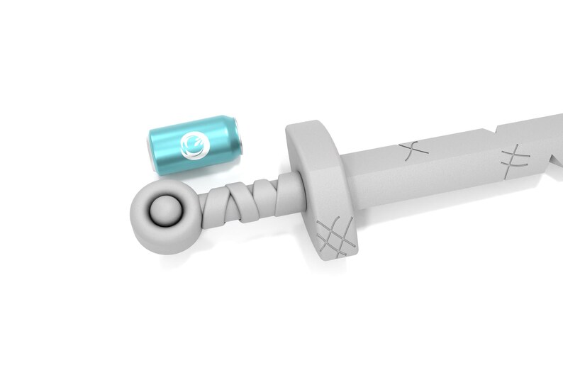 May include: A white toy sword with a textured handle and a blue can with a white logo lying next to it.