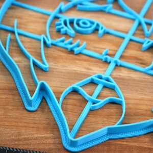 May include: A blue plastic cookie cutter shaped like a cartoon animal face with detailed features, including eyes, nose, and mouth.