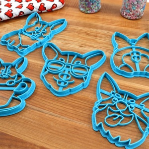 Pu&ograve; includere: Cinque tagliabiscotti in plastica blu a forma di corgi. I tagliabiscotti presentano diverse espressioni, tra cui uno con gli occhiali, uno che tiene una tazza di caff&egrave; e uno con la lingua di fuori.