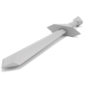 May include: A white, simple, low-poly sword with a pointed tip and a hilt with a slightly curved handle.