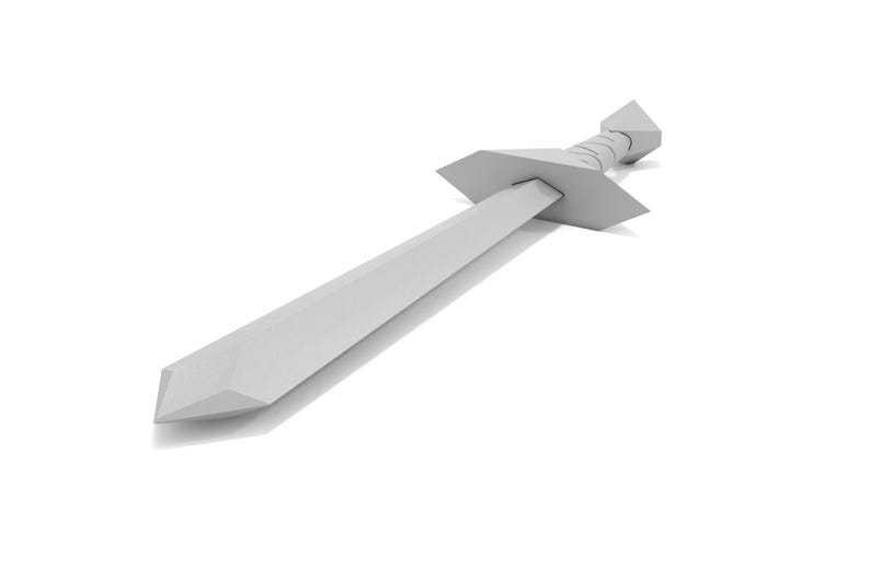 May include: A white, simple, low-poly sword with a pointed tip and a hilt with a slightly curved handle.
