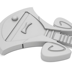 May include: A white, futuristic-looking electric guitar with a unique, angular design. The guitar has a single pickup and a large, rounded body.