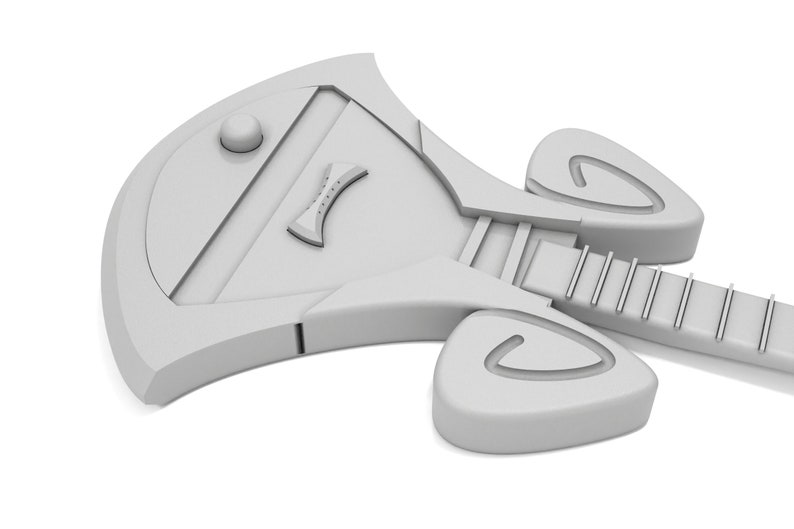 May include: A white, futuristic-looking electric guitar with a unique, angular design. The guitar has a single pickup and a large, rounded body.